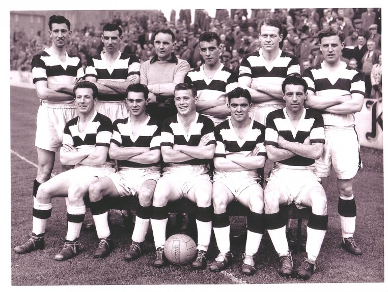 A Dundee United team group from the 1950s featuring Johnny Coyle, with Jimmy in an inset. Back row (from left) — Young, Cross, Henderson, Will, Arnold, Forbes. Front row — Callaghan, Sturrock, Johnny Coyle, Reid, Milne.