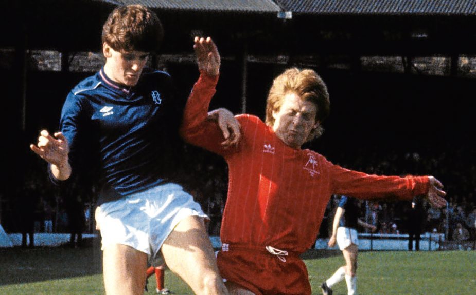 Former Dee Gordon Strachan clashes with full-back Tosh McKinlay during a game at Pittodrie in 1984. Inset: Robert Connor goes in high and hard with keeper Jim Leighton and Jim Bett at Dens.