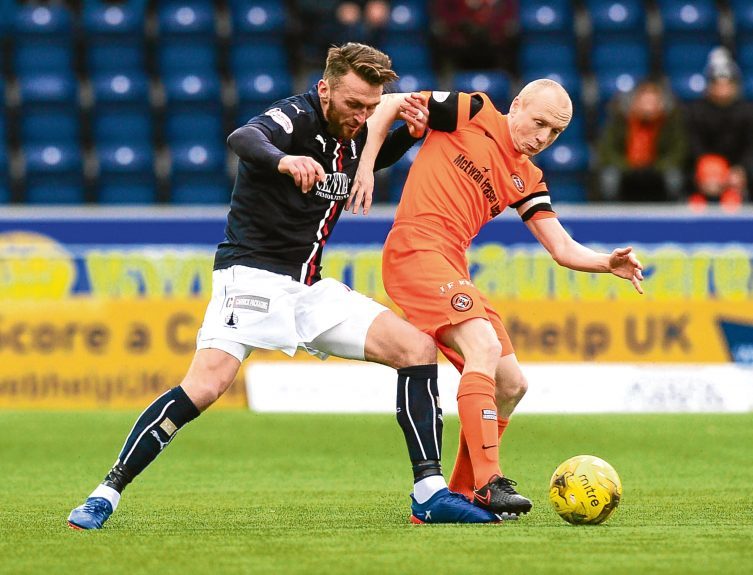 Willo Flood and Falkirk’s Lee Miller tussle for possession.