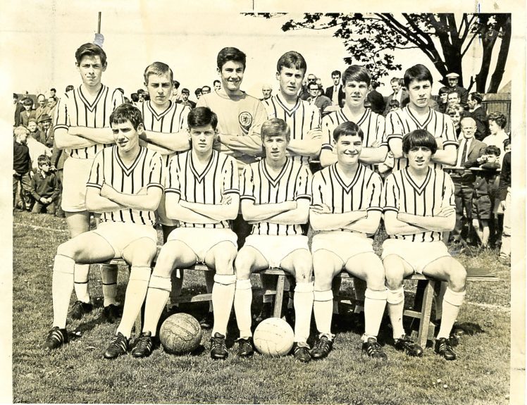 Butterburn wearing the ‘hand-medowns’ in the U/18 Scottish Cup Final. Back row (from left) — Keir, Smith, McAlpine, Bruce, Brown, O’Rourke. Front row — Moir, Duncan, Ferguson, Goodall, McGowan.