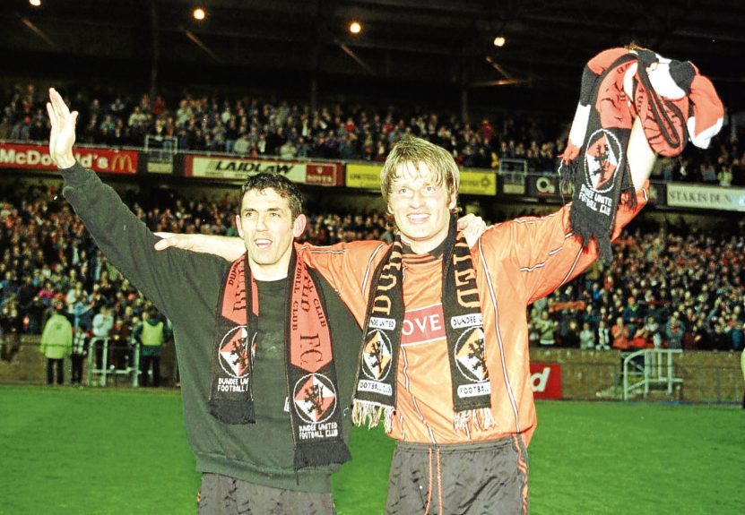 United scorers Owen Coyle (left) and Brian Welsh celebrate firing their side into the SPL after defeating Partick thistle in the 1996 play-offs.