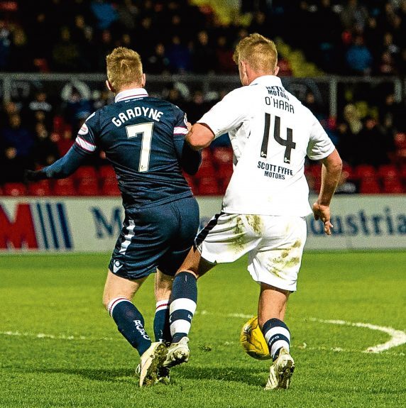 Mark O’Hara is adjudged to have brought down Michael Gardyne in the box, resulting in a controversial spot-kick winner for the Staggies.