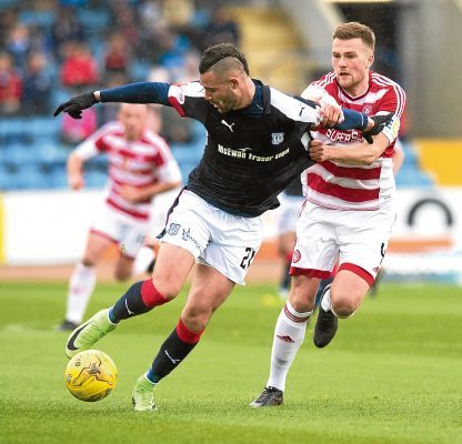 Dundee's Marcus Haber in action against Michael Devlin of Hamilton