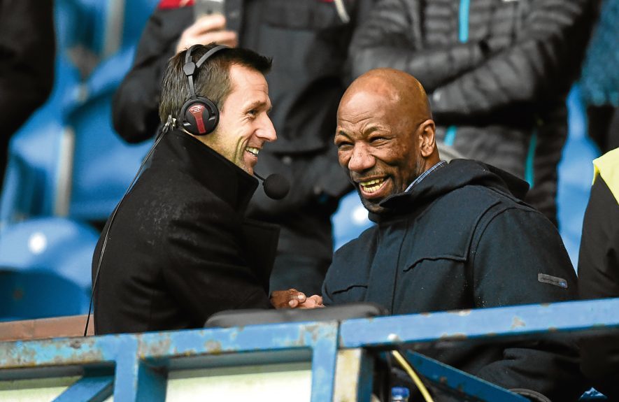 Former Sky Sports pundit Neil McCann (left) joins Marvin Andrews at Ibrox ahead of a fourth-round William Hill Scottish Cup tie last season.