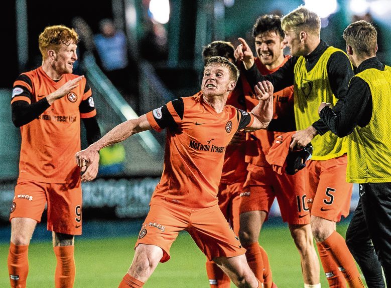 Simon Murray (left) and Paul Dixon were the Tangerines scorers during their 2-1 victory at Falkirk in the second leg of the play-off semis.