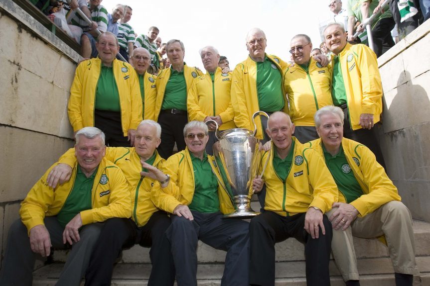 It’s 2006 and the Lisbon Lions return to the scene of the 1967 European Cup triumph. Back row (from left) — Tommy Gemmell, Willie O’Neill, Billy McNeill, Charlie Gallacher, John Fallon, Willie Wallace, Steve Chalmers. Front row — Joe McBride, John Clark, Bertie Auld, Bobby Lennox, Jim Craig.
