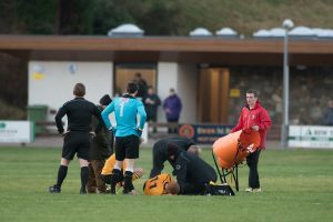 Fort captain Iain Foggo was stretchered off the pitch in the 20th minute. F04 Football 2no JP. Abrightside Photography