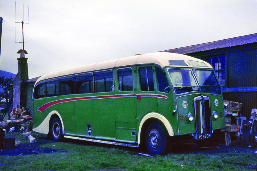 An uncommon Maudslay Marathon 111 built in 1949 by Brockhouse of Clydebank in Bannatyre Motors colours but photographed in its final role as a shed as Shiskine Post Office. It features the 'Bannatyne thistle' which was derived from a toffee manufacturer's wrapper.