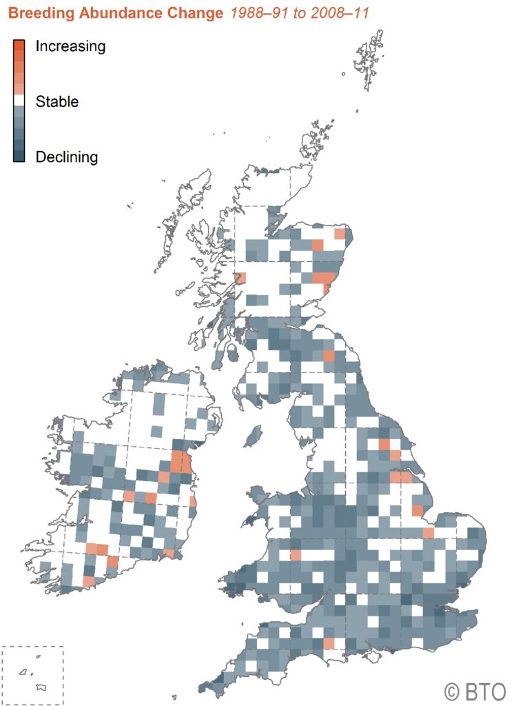 Map showing the breeding abundance change across the UK from 1988-91 to  2008-11.