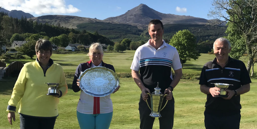 May -Brodick Golf Club’s 2021 champions, Ann May and Ewan McKinnon, flanked by runners up, Susan Butchard and Bruce Jenkins.