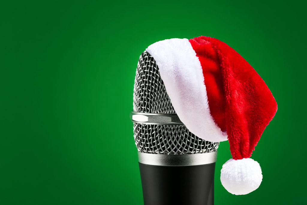 Wireless microphone with Santa hat on it