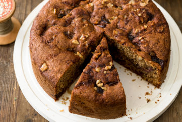 Rich, moist, spongy date and walnut cake, 2 slices cut