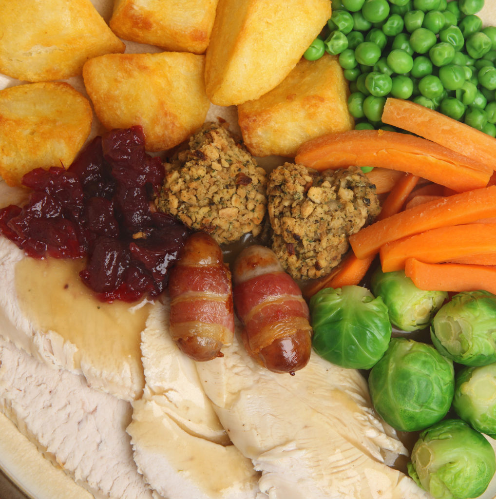Christmas roast turkey dinner with traditional trimmings.