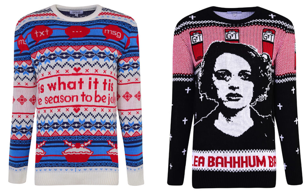 Machine knitted Christmas jumpers featuring "It Is What It Is" slogan from Love Island and image of actress from Fleabag TV series