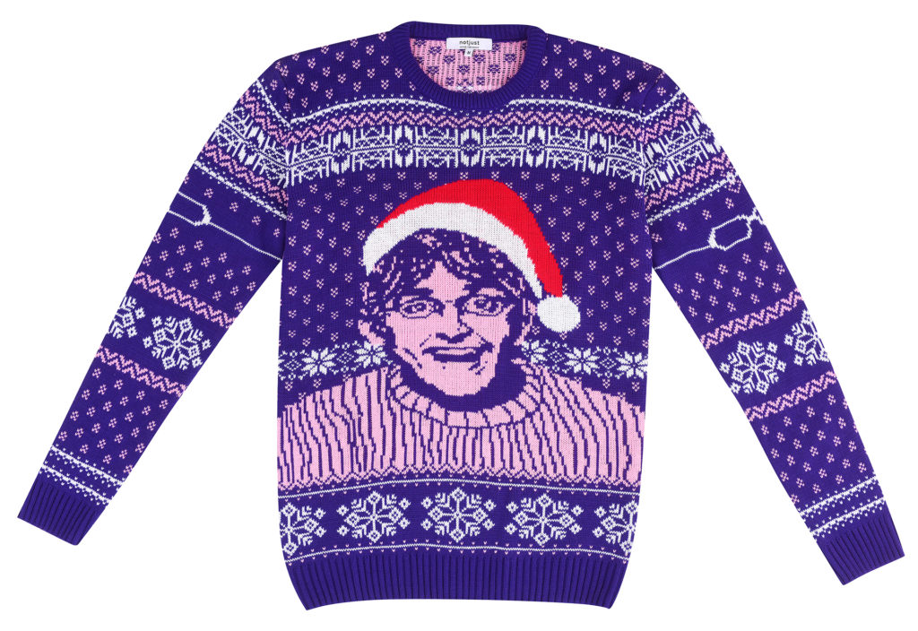 Blue, white and pink machine knitted jumper with Louis Theroux in a Santa hat