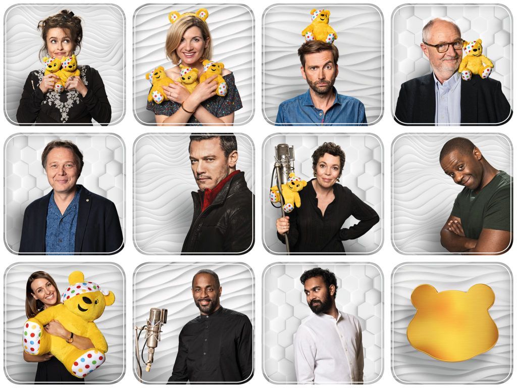People involved in the album, small individual photos, most with a Pudsey teddy bear