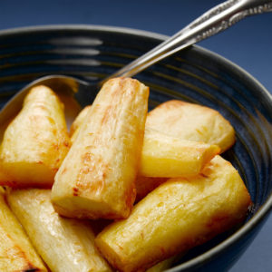 Roasted parsnips in a dish