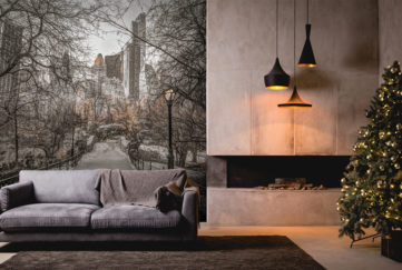 Stylish grey and white interior with photo mural of Central Park, skyscrapers and wintry trees