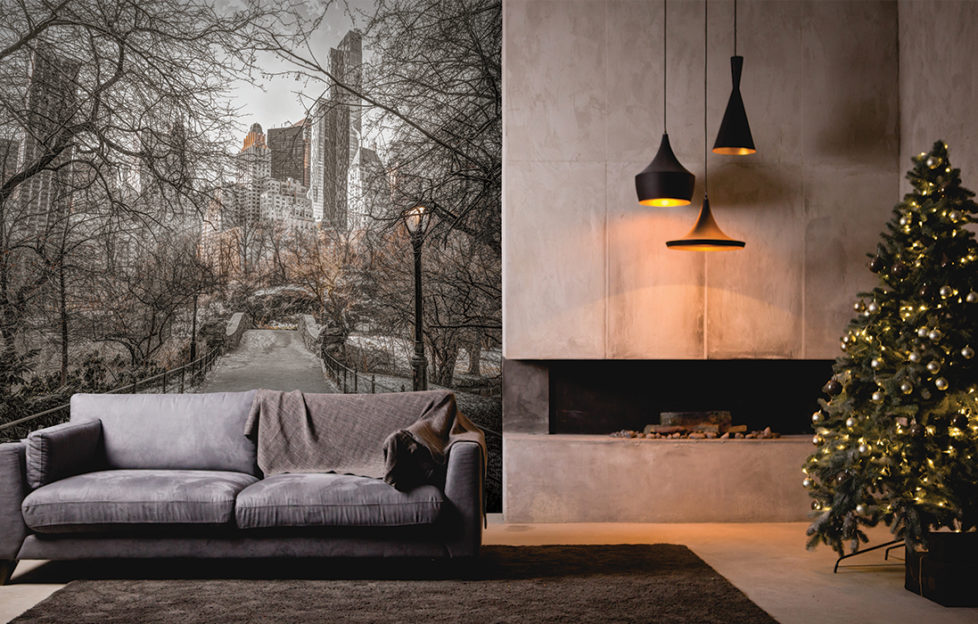 Stylish grey and white interior with photo mural of Central Park, skyscrapers and wintry trees