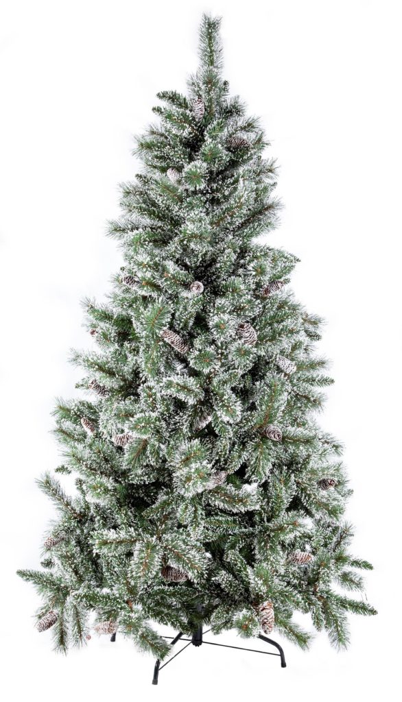 Green artificial christmas tree lightly coated with snow effect white flocking, also long pine cones