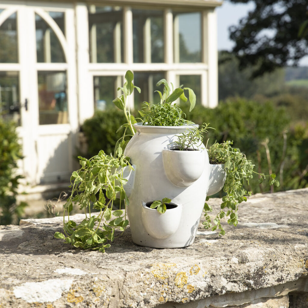 Cream ceramic planter with openings in side for herb plants