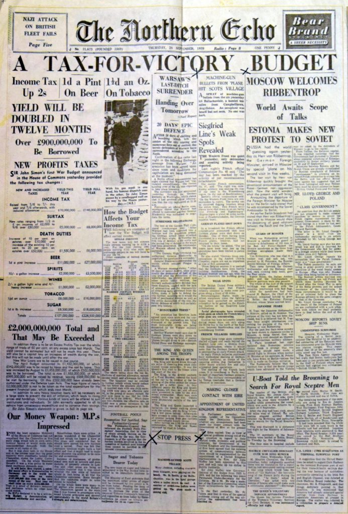 The front page of the Northern Echo on Thursday, September 28, 1939.