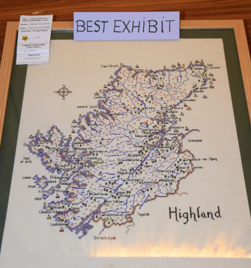 Best exhibit in show was a cross-stitched map of the Scottish Highlands by Margaret Pratt.