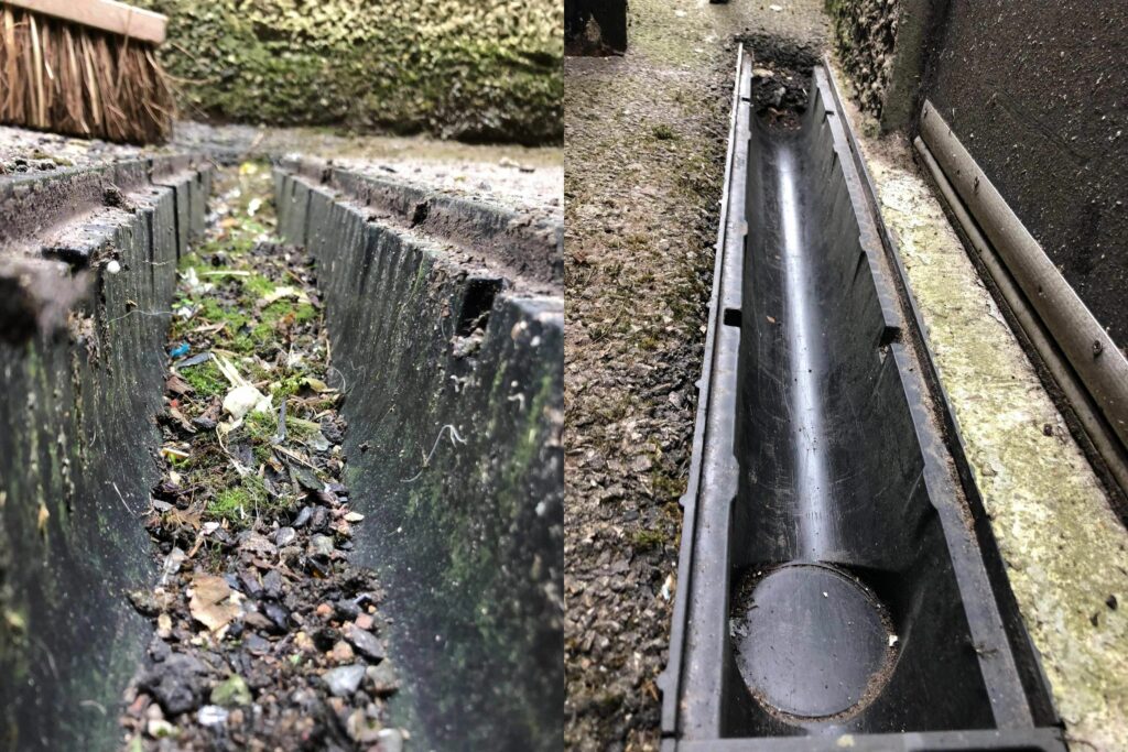 Before and after: A drainage channel between the Victoria Hall and The Royal Hotel was rodded and swept by the team.