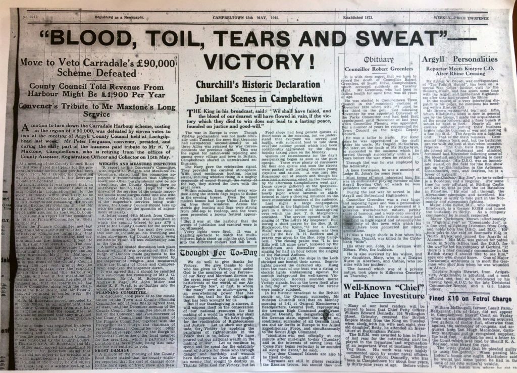 The Campbeltown Courier's front page on May 12 1945.