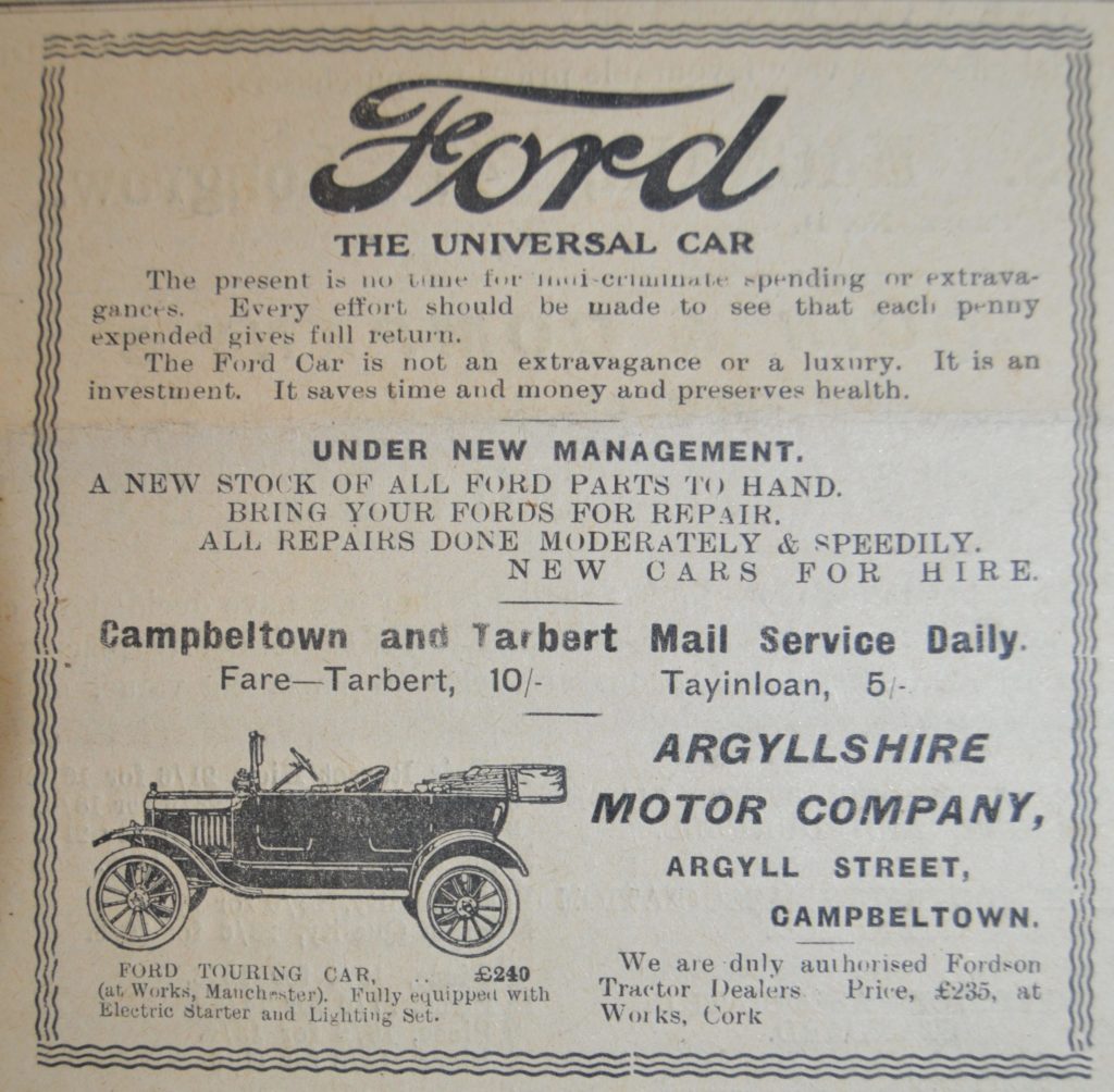 In 1921: 'Any customer can have a car painted any colour that he wants, so long as it's black,' said Henry Ford. The princely sum of £240 would get you a brand new Ford Touring car from the Ford works in Trafford Park, Manchester, through the Argyllshire Motor Company, on Argyll Street, where Ramsay Place stands today.