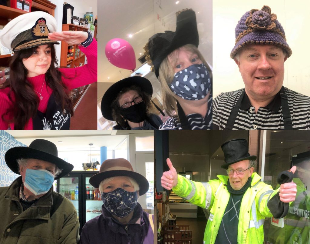 Participating in 'Wear A Hat Day' were, top row, from left to right: Kintyre Larder staff Sarah Thompson, Margaret Sinclair, Linda McLean and David McCallum. Bottom, from left: customers David and Jane Mayo, who donated many fantastic hats; and Argyll Bakeries delivery driver Alex Roxburgh.