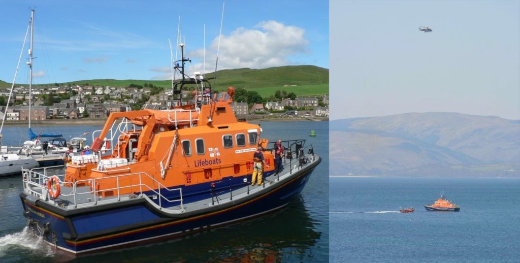 Campbeltown's all-weather lifeboat, the Ernest and Mary Shaw, left, was sent to assist with the rescue, left. Photograph: Neil Arthur.
