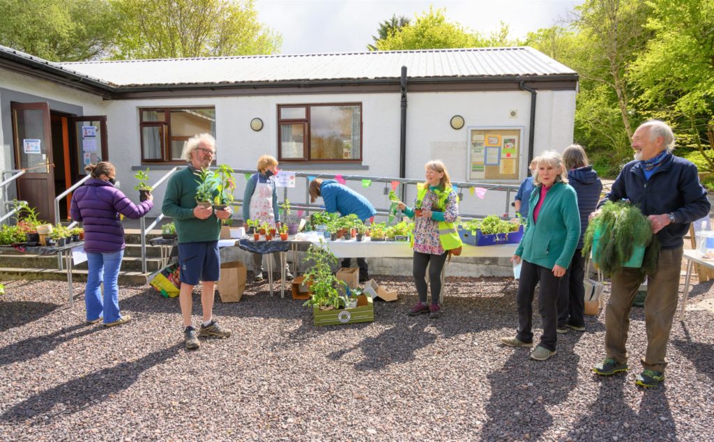 Gardeners gathered outside in a window of sunny weather to swap plants. Photograph: Terry Cawthorne.