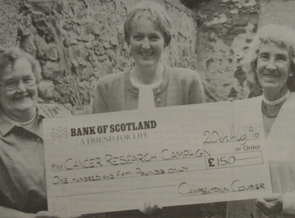In 1996: The recent Courier balloon race has been a great success. Mrs Isobel McDonald, convener, and Mrs Jane Leys, treasurer, received a cheque for £150, on behalf of the Kintyre branch of the Cancer Research Campaign. The cheque was presented by Mrs Anne Martin, advertising manager at the Campbeltown Courier, who organised the race. The balloons, which were released from Anderston Park during the Kintyre Agricultural Society Annual Livestock Show, are being returned daily from near and far. The closing date for entries is September 30.