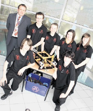 WINNERS: Menzieshill High  School. Front row: (from left) Craig Mays, Andrew Rae. Back row: (from left) Jack Waghorn (teacher), Callum Fowlie, Amy Dow, Charli McCabe, Louise Fox.