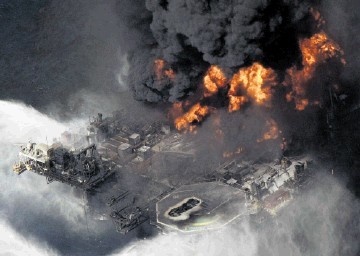 DRILLING DISASTER: The Deepwater Horizon rig ablaze following the April 2010 explosion