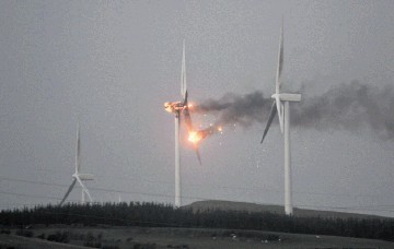 ABLAZE: This is the moment when the giant turbine in a windfarm near Ardrossan in North Ayrshire burst into flames
