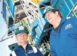ROWAN NORWAY: Xcite chief financial officer Rupert Cole, left,  with exploration and development director Steve Kew, next to the rig in Dundee.