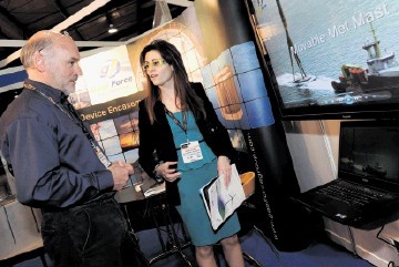 BRISK BUSINESS: Gael Force boss David Guthrie with Esther Villoria at his company’s stand during the All-Energy show at the AECC. Colin Rennie