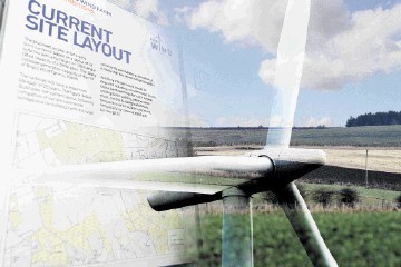 BATTLEGROUND: The site of the proposed windfarm, with, inset, details of the previous planned layout and a typical turbine