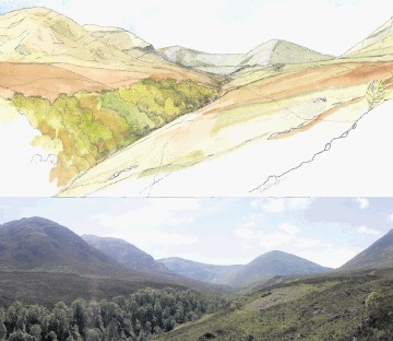 TOP: An artist’s impression of the dam, seen as a straight  line above the tree-filled gully and how it is today