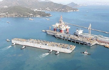 MAMMOTH: The Pieter Schelte, a giant platform decommissioning ship, being assembled at a Korean shipyard
