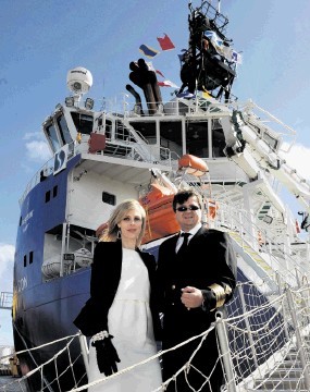 CEREMONY: The Sea Falcon’s godmother, Dana House, wife of Apache North Sea managing director Jim House, with Captain Marian Tiron. Colin Rennie
