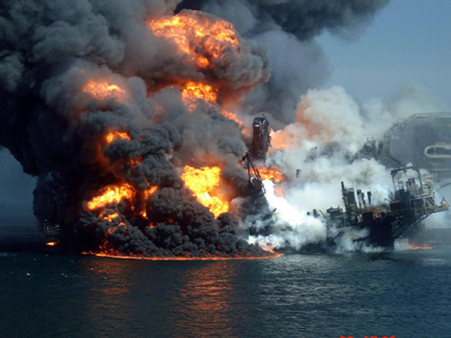 The Deepwater Horizon oil platform burning following a massive explosion in the Gulf of Mexico