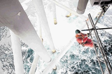 A scaffolder at work on a North Sea platform.