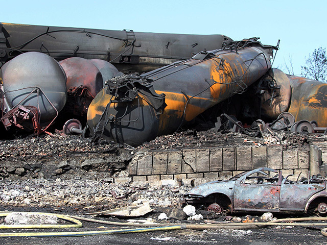The wreckage of the train which flattened the centre of Lac-Megantic and killed up to 50 people.