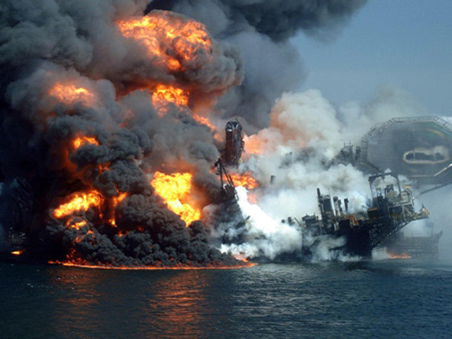 The Deepwater Horizon rig burns in 2010