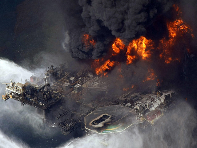 Deepwater Horizon burns in the Gulf of Mexico