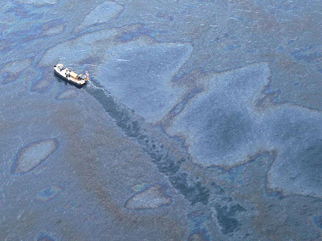 A sheen, similar to this one, formed in the water after the Ship Shoal blowout