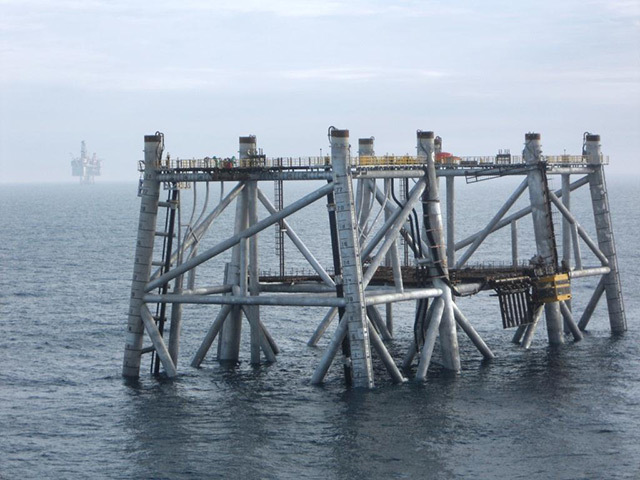 The drilling and production jacket, with the existing Clair platform in background